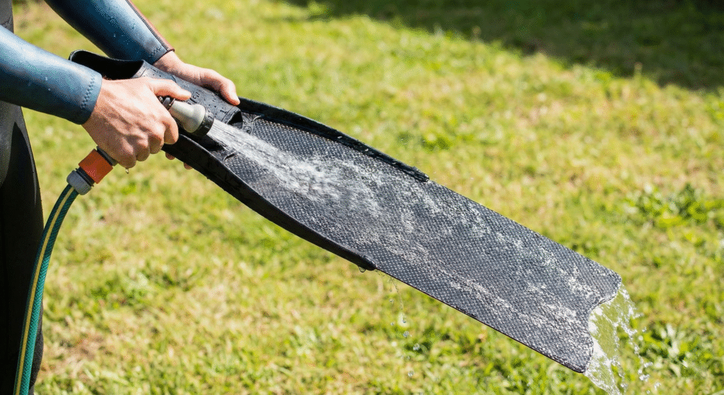 A diver uses a hose to rinse a carbon fiber fin, ensuring all surfaces, including the foot pocket and blade, are cleaned with fresh water.