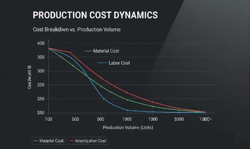 A visual representation of how material, labor, and amortization costs change with increasing production volumes
