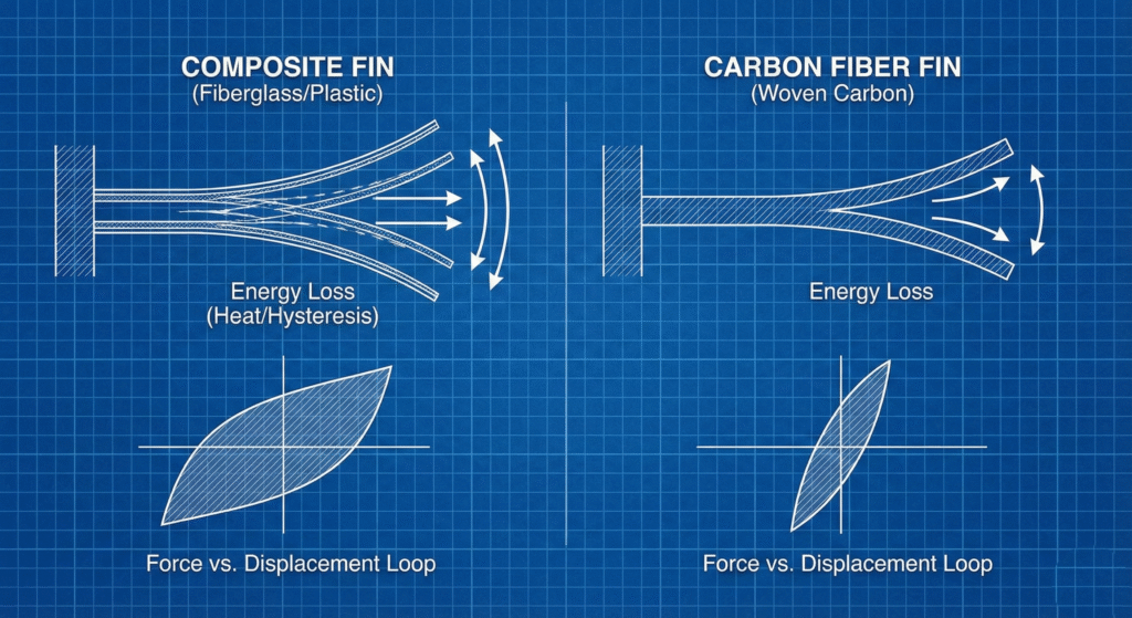 Side-by-side flex test comparing energy loss in composite fins versus carbon fiber fins.