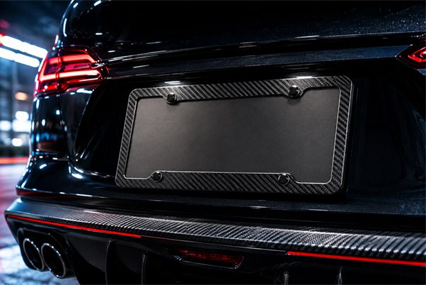 Installed carbon fiber license plate frame on car