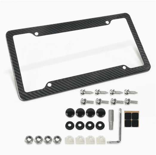 Carbon fiber license plate frame with installation hardware